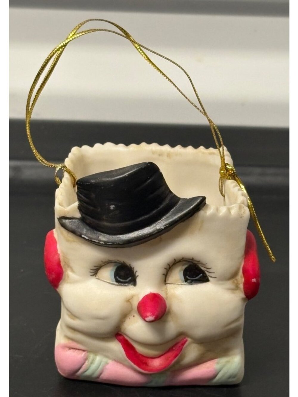 Vintage Bisque porcelain Snowman Christmas Paper Bag Gift Holder Ring Treat Box